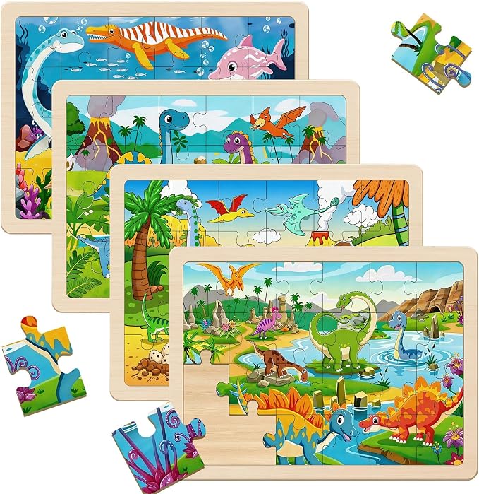 Wooden Puzzles Dinosaur Toys for Kids Ages 4-6, 4 Packs 24 Piece | Wooden Jigsaw Puzzles, Preschool Educational Learning Toys Gifts for 3 4 5 6 Year Old Boys and Girls