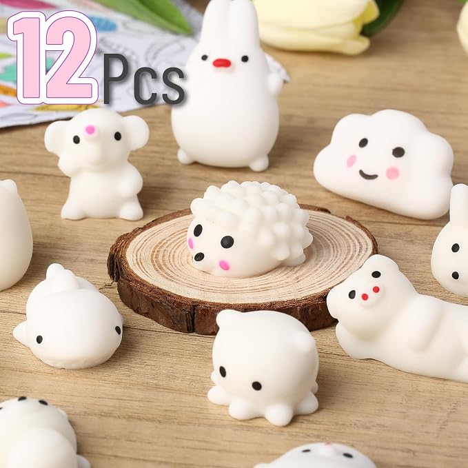 Mr. Pen- White Animal Squishy Toys, 12 Pack | Washable Twistable Stretchy Squishies, Soft Stress Relief Sensory Toys for Squeezing, Party Favors