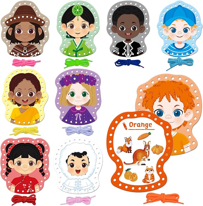 SpriteGru 9 Pieces Happy Face Lacing Cards, 9 Double Sided Color Sewing Cards with 9 Colorful Laces, Educational & Learning Activity Games, Imagination Development Lacing Toys for Preschoolers, Kids