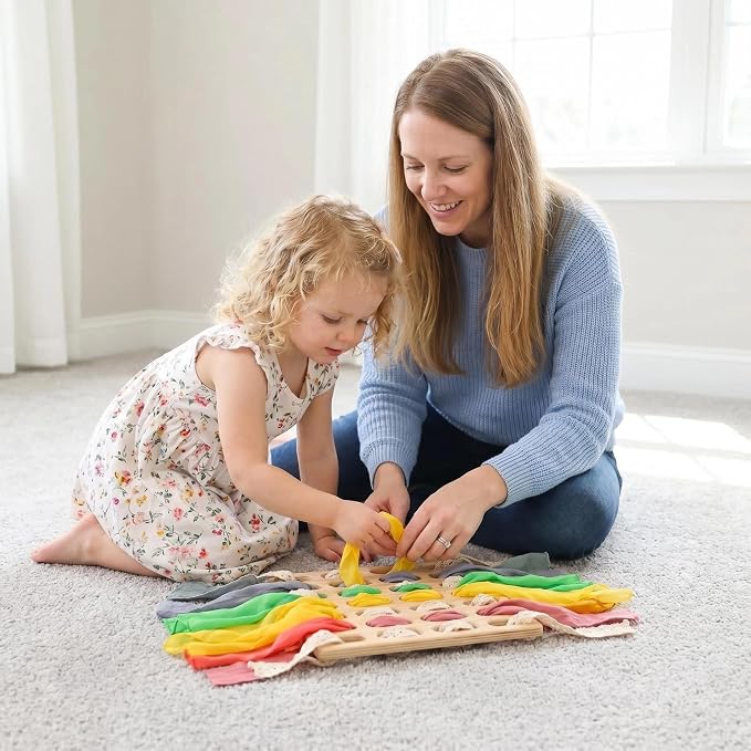 Eray Wooden Busy Board with Play Silks, Montessori Weaving Toy for Kids | Bus Fine Motor Skills Open Ended Toys Lacing and Weaving Toy Preschool Learning Activities