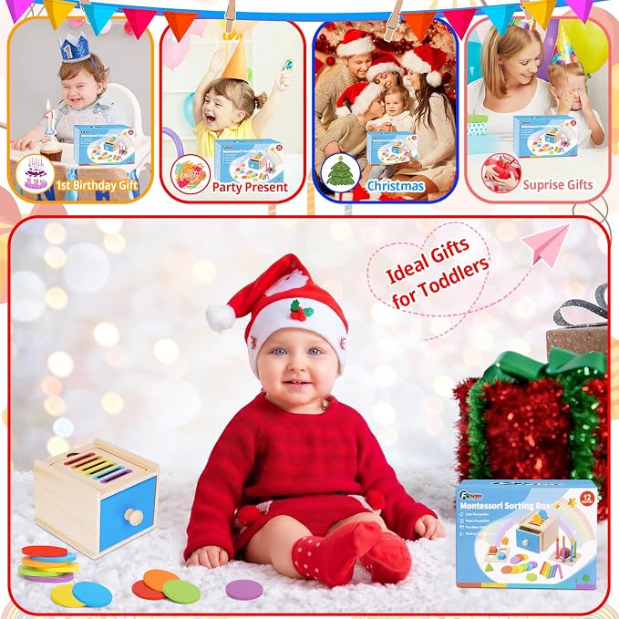 FCSONU Montessori Shape Sorters Toys for Toddler 1-3|Fine Motor Skills Toys | 3in1 Sorting Box | Coin Box Toy, Learning Color Sorting Toys Sensory Toys, Easter Christmas Birthday Gifts for Boys Girls Kid