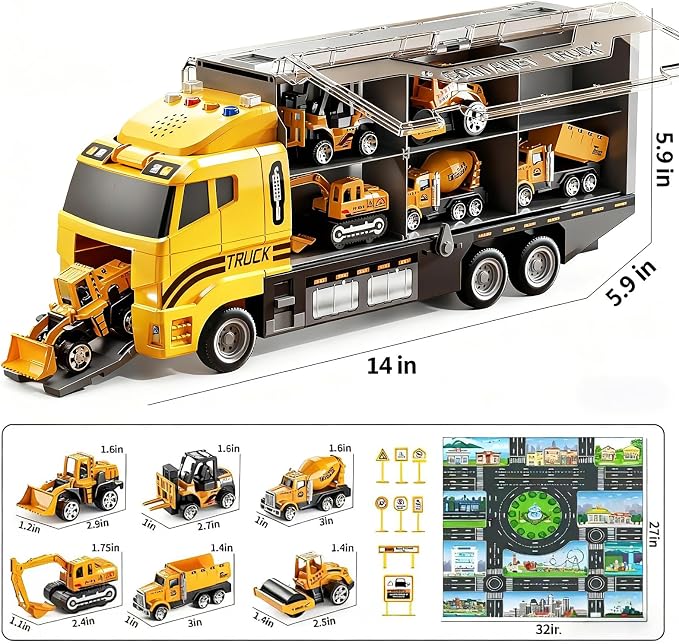 Toddler Boys Construction Truck Toy Set with Play Mat & Die-Cast Toy Cars | Toy Trucks for Boys Age 4-7, Construction Truck for Toddlers 3-5, Trucks for Kids Ages 4-8, Birthday & Christmas Gift for Boy