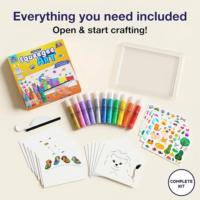 Squeegee Art Kit for Kids - Animals Theme Painting Craft Kit for Ages 4-12 | Non-Toxic, Mess Free Paint Craft, Imaginative Play Process Art Kit, Birthday Gift for Ages 5-9, Colour & Sensory Exploration