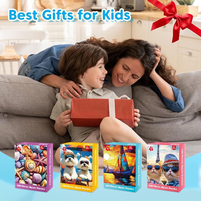 4 Packs 100 Piece Puzzle - Shells Sailboat Cats Dogs Jigsaw Puzzles, 100 Piece Puzzles for Adults Seniors Kids Puzzles for Kids Ages 4-6 6-8 8-10 Educational Puzzle Toys 15"x11"