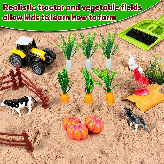 59 Pcs Farm Sensory Bin, Sensory Bins Farm Toys for Kids 3-5 6 7 Sand Toys | Farm Sand Box Kits with Sandbox & Farm Animals & Tractor Toy Playset, Magic Sand Toys for Boys Girls Birthday Gift 3-5 6 7 8