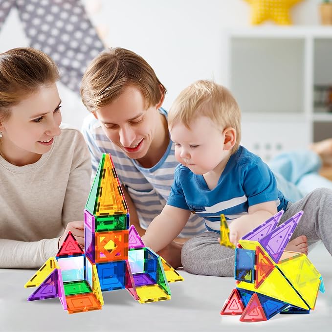 PicassoTiles 152 Piece Magnetic Tiles, Mirror Theme STEM Building Ages 3+ | Reflective finish pieces, connects from any angle, includes bonus car, compact storage case, screen-free sensory play