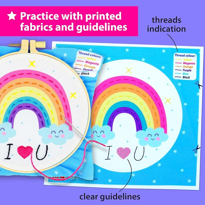 KRAFUN My First Embroidery Kit for Kids & Teens Age 8+ | 8 Projects | Beginner hand stitch set with hoop, tool box & DIY tote bag. Pre-printed cloths. Arts & crafts gift for girls