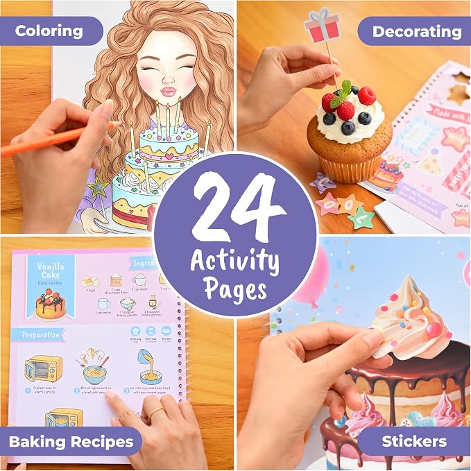 BSCOOL Baking Coloring Book with Stickers Recipes and Cake Design | Activity and dress-up keep kids ages 5 and up. Includes drawing guides, baking recipes, and fun sticker sheets for girls.