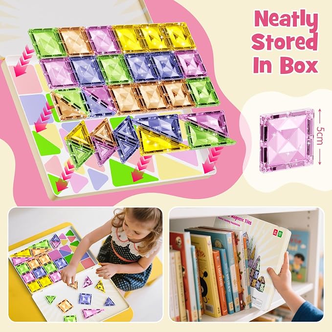 Clear Crystal Glitter Magnetic Tiles: Diamond Building Blocks for Kids | 60PCS Metal Storage Box, Compatible With Most Tile Sets, Strong Magnets, Ages 4-8, 60+ Mins Play Travel & Home Fun