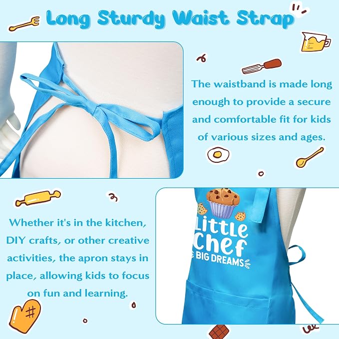 R HORSE Kid Apron and Chef Hat Set - 2Pcs Blue Little Chef Adjustable Children Kitchen Toddler Apron with Pockets for Kids, Funny Dress up Pretend Play Toy Birthday Gift for Cooking Baking Painting