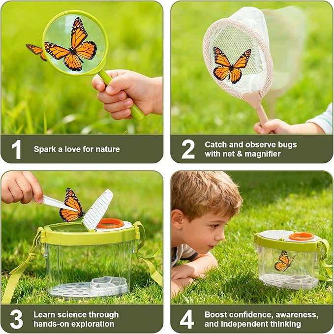 Dreamon Kids Gardening Set, 14Pcs Kids Gardening Tool with Bug Catching Kit | 2-in-1 Outdoor Toys with Wheelbarrow and Bug House, STEM Educational Toys for 3 4 5 Year Old Girls Boys Birthday Gifts, Green