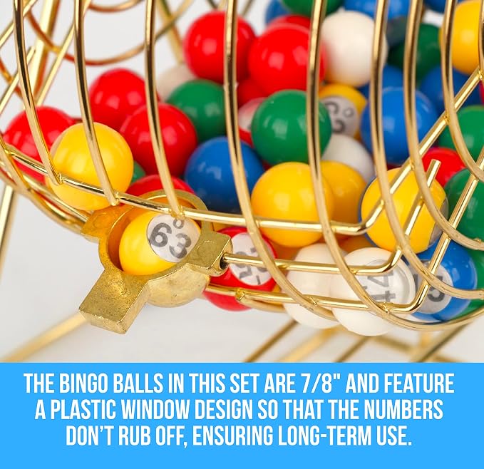 Regal Bingo Gold Professional Bingo Game Set with 11" Wheel Cage, 75 Bingo Balls, Master Board, 18 Bingo Cards & 25 Jumbo Reusable Cards, and Colorful Chips - Bingo Games for Adults Large Group