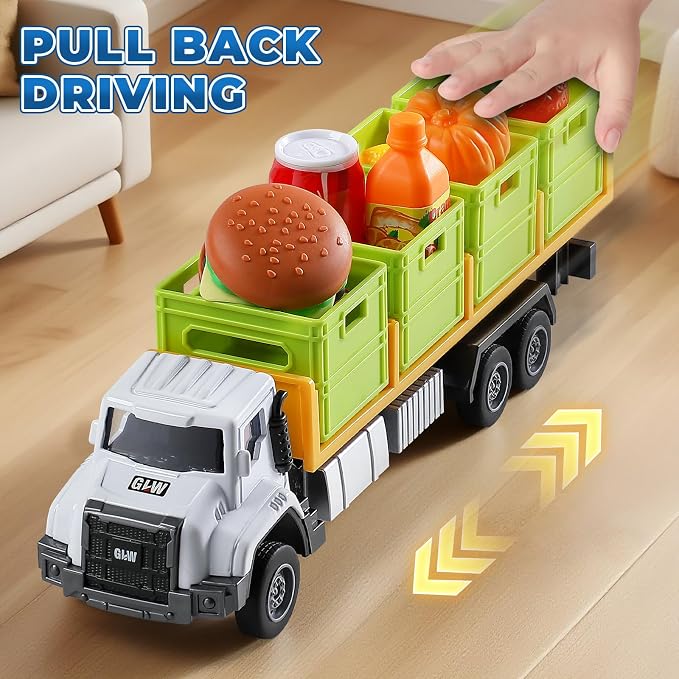 Food Transport Truck Toy for Age 3-8 Kids – Alloy Vehicles Head 1:55 Goods Trailer with Cargo Box and Food Model, Lights & Sounds (Transport Truck Orange)