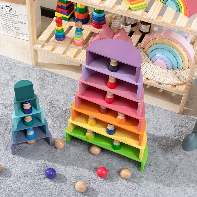 Wooden Rainbow Stacking Toy, 12 Piece Multicolor Wooden Arch Stacker, Extra Large Pastel Bow Shaped Stacking Toy, Nesting Puzzle Building Blocks Educational Toys for Kids Toddlers