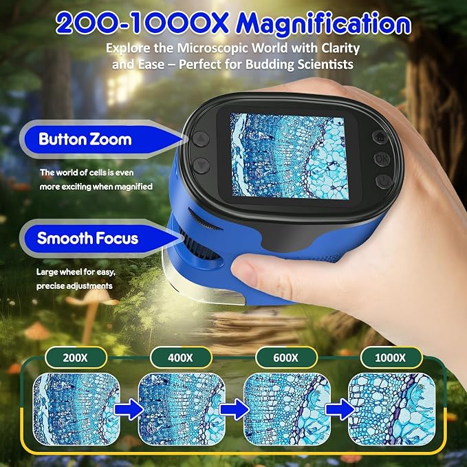 Kids Digital Microscope STEM Toy: Complete Science Gift Kit for Ages 4-12 | 32GB Card for Photos & Video / Custom EVA Case / Real Glass Slides / Upgraded Slide Slot / Rechargeable / 1000X / 4K Screen