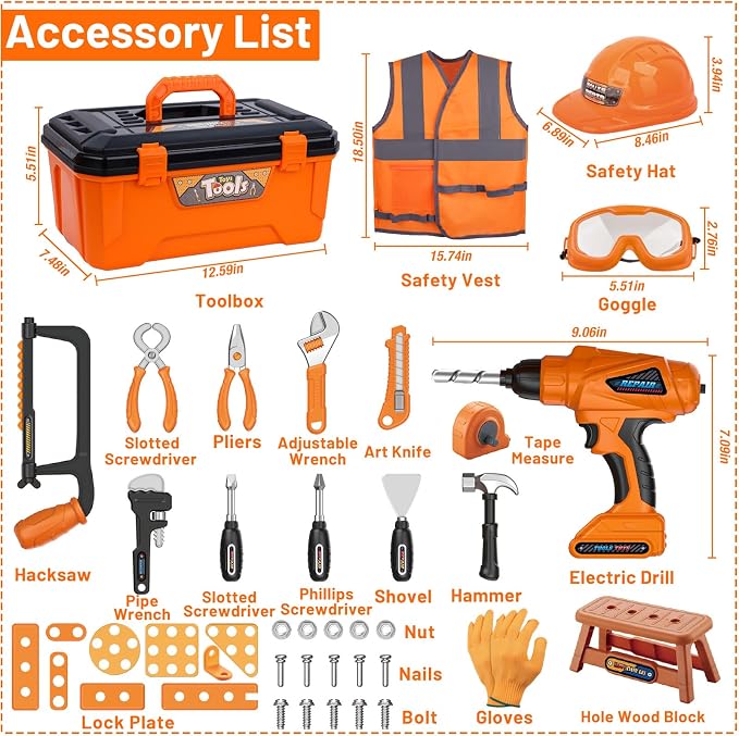 MAGIC4U 50PCS Kids Tool Set wtih Electric Drill, Safety Vest, Hat, Goggles | Pretend Play Construction Costume Toy, Tape Measure 12 Tool Equipements, Realistic sounds, Toddler Tool Box for Boy Girl