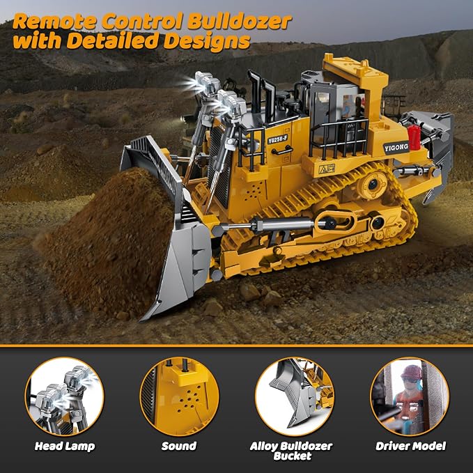 Remote Control Bulldozer Toys, Construction Vehicles Trucks for Kids | Metal RC Electric Tractor Loader Toys, Christmas Birthday Gifts for 3 4 5 6 7 8 9 10 11 12 Year Old Boys Girls Kids