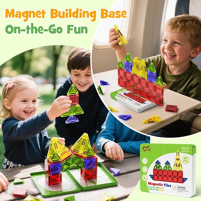 Travel Magnetic Car Tiles Set: Strong Magnets,Road Trip Essentials | 26 PCS Mini Magnet Building Blocks in Tin Box, 0.65lb Pocket Educational Toy, Toddler Airplane Activity Toys Ages 3-8
