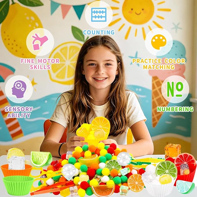 255PCS Lemon Sensory Bin Filler Summer Lemon Fine Motor Sensory Bin Items Includes Pom Poms Lemon Slices Fake Cubes Counts Resin for Spring Summer Counting Sorting Training