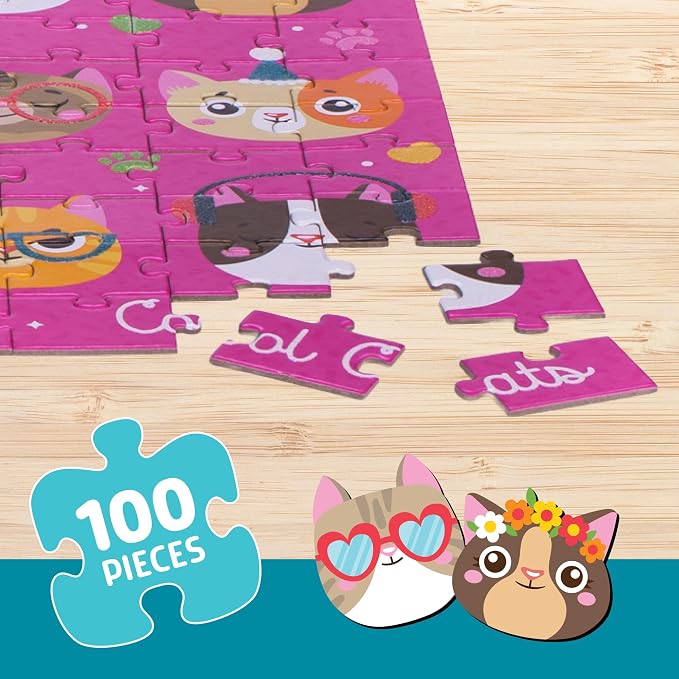Chuckle & Roar Cool Cats, 100 Pc Jigsaw Puzzle, Puzzles for Kids Ages 6-8 | Glitter Accents, Poster Reference Guide, 11 x 15 in Finished Size, Fine Motor Skills, 100 Piece Puzzles for Kids Ages 6-8