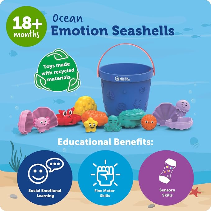 Learning Resources Ocean Emotions Seashells | Sea Animals and Bucket, Sand Toys for Sandbox, Kids Beach Toys, Summer Sensory Bin Toy, Outdoor Water Toddler Toy