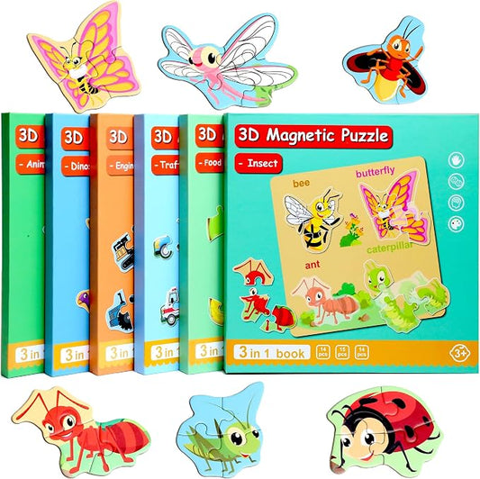 Magnetic Puzzles for Kids Ages 3-5, Travel Toddler Insect Puzzle Toy | Refrigerator Magnet Game for Ages 4-6, Learning & Birthday Gift for Boys, Car & Airplane Road Trip Quiet-Time Activity Toys