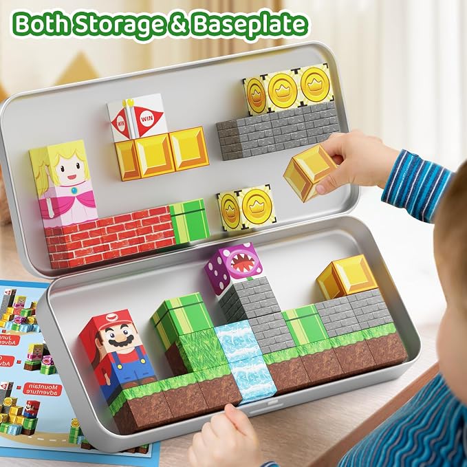 Magnetic Building Blocks Cubes for Kids: 35 PCS Travel Toys Ages 3-8 | Toddler Airplane Travel Activities Quiet Car Essentials - 35PCS Portable Stacking Bricks with Iron Storage Box for Boys Girls