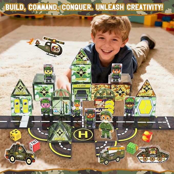 Magnetic Tiles Army Toys with Army Men Military Tank Plane Car, Magnet Tiles for Kids 3-5 4-8,Toy for Boys 4 5 6-8,Magnet Blocks Military Toys Action Figures Soldiers,Gifts for 3-12 Year Old Boys Kids