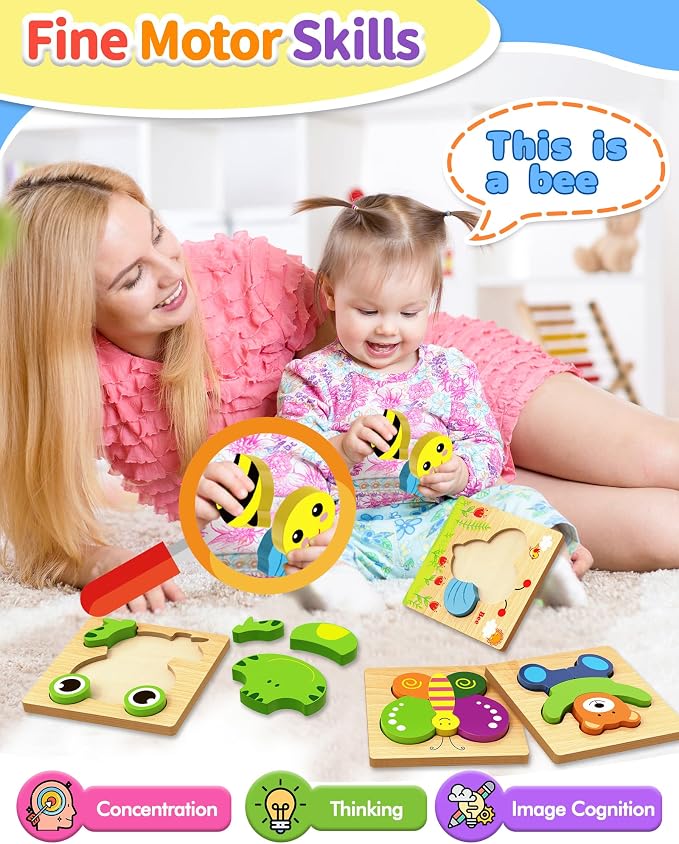 Bekayshad Wooden Puzzles for Toddlers 1-3, Montessori Toys for 1 2 Year Old | Toddler Puzzles, 1 2 Year Old Boy Girl Birthday Gifts, 8 Pack Animal Shape Jigsaw Puzzles, Learning Educational Preschool Toy