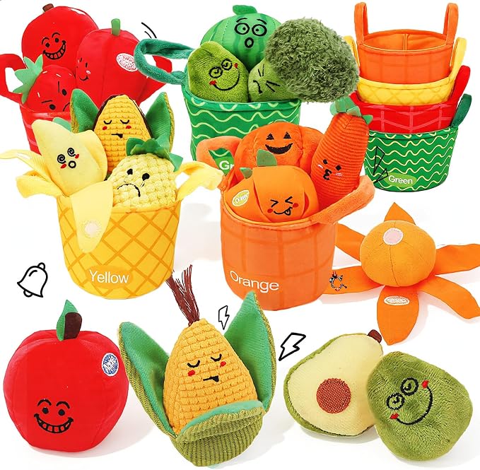 Fruit Vegetable Sensory Toys for Baby 6-12 Months - 16Pcs Plush Sorting Set Perfect for Little Hands to Grasp With Cute Faces, Bright Color Food Crinkle & Rattle, Birthday Gift for 1 Year Old Boy Girl