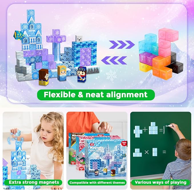 Magnetic Blocks - 100Pcs 0.8in Magnetic Building Block for Kids Ages 4-8, Transparent Magnet Block Blue Princess Castle, Frozen Magnetic Cubes Tiles Princess Toy for Girl 3 4 5 6 7 8-12 Birthday Gift