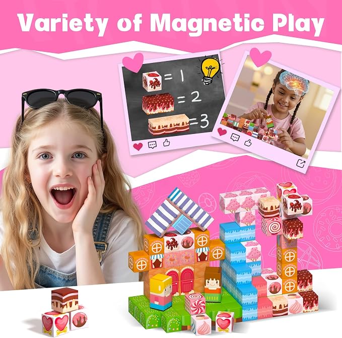 150 PCS Magnetic Building Blocks Toys,Magnet Cubes Pink Princess Set for Kids Age 3+ Girls Stacking Magnetic Titles for Kids STEM Montessori Learning Toys Birthday Gifts