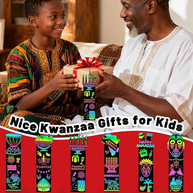 JUNEBRUSHS 30Pcs Kwanzaa Craft for Kids, Rainbow Magic Scratch Art Bookmark | Paper Kwanzaa Gifts for Kids, School Classroom Activities, Games DIY Arts and Crafts Kit Party Favors