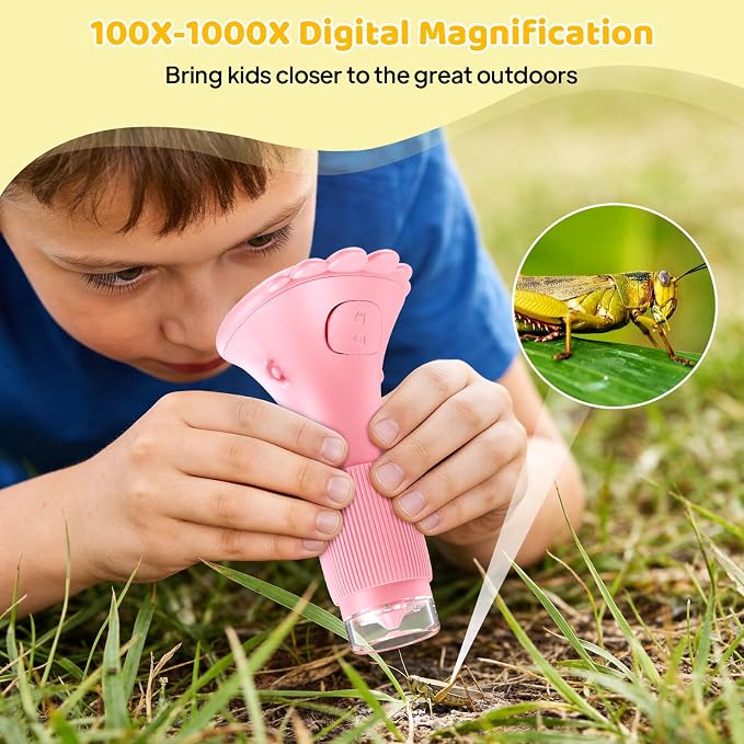 Kids Magnifying Glass, 2.0 Inch Digital Screen Mini Pocket Microscope for Bug - 200x Zoom Handheld Microscope with Adjustable Lights, Edu Birthday Gifts for Age 3-12 Girls