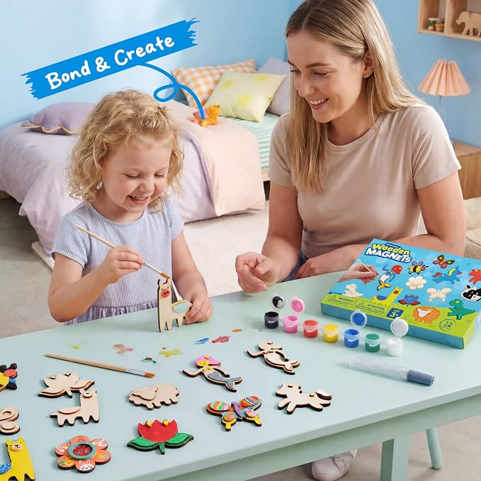 JOYIN 12 Wooden Magnet Creativity Arts & Crafts Painting Kit for Kids, Decorate Your Own Painting Gift for Easter Basket Stuffers, Birthday Parties and Family Crafts, Party Favors for Boys Girls