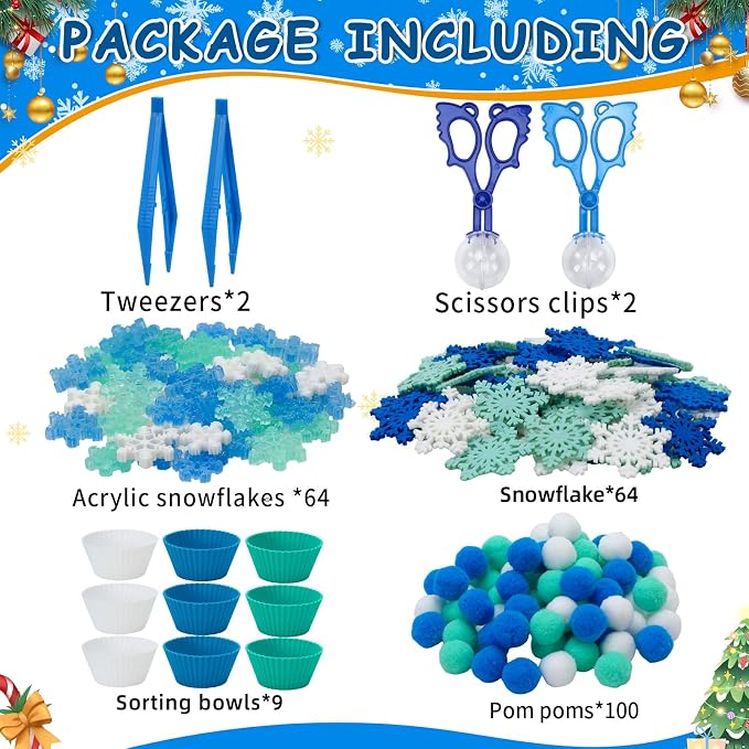 241 Pcs Winter Sensory Bin Fillers Blue Sensory Bin Items | Includes Felt Snowflake Plastic Snowflake,Sorting Cups Tweezers,Winter Activities