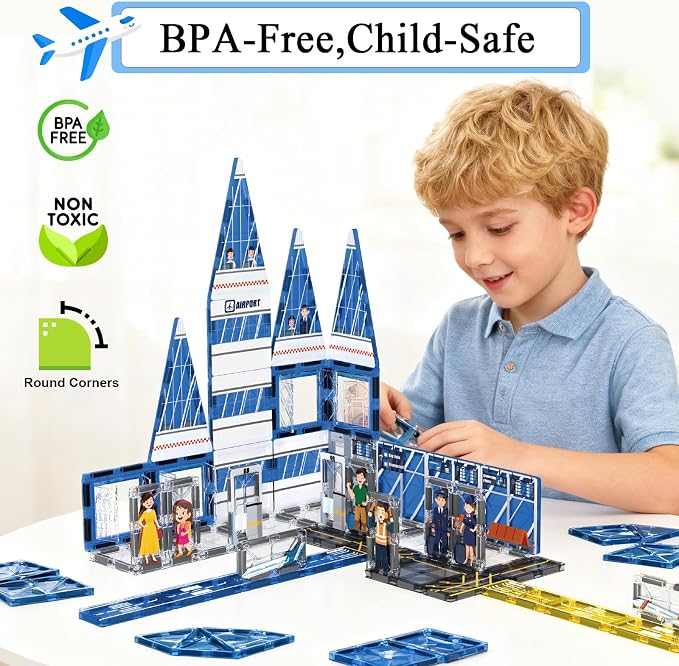 AFUNX Airport Magnetic Tiles Building Set for Kids Ages 3+ | Strong Magnets, Compatible with Major Magnetic Tile Brands,Pretend Play, Creative Building,Gift Ready