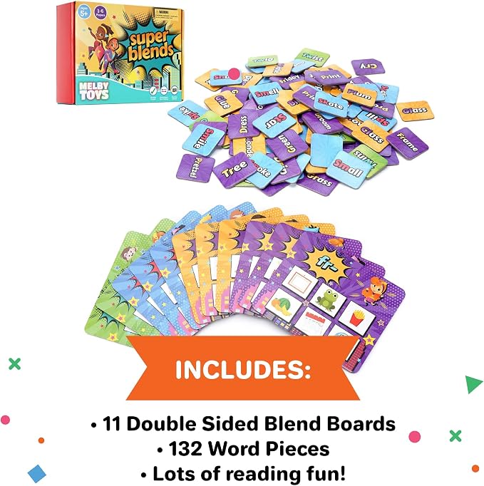 Melby Toys Super Blends Phonics Reading Game for Kids Ages 6-8 | 22 Consonant Blends, Digraphs & CVC Words | Kindergarten, 1st & 2nd Grade Reading Board Game | Learn to Read & Spelling Game
