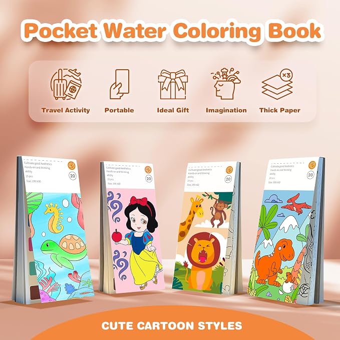 ZHOC Paint with Water Coloring Books for Kids, Pocket Mess Free Watercolor Painting Sets for Kids Ages 3 4 5 6 7 8+, Water Color Paint Set Arts and Crafts Gift for Boys Girls, Animals and Dinosaur