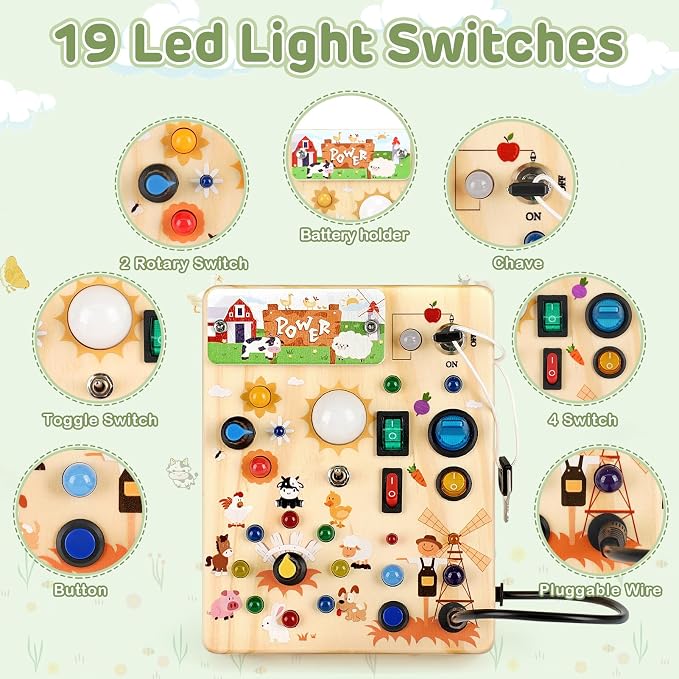 Sanlebi LED Busy Board for Toddlers 1-3,Montessori Toy with Key Switch, Light Up Wood Activity Sensory Board for Fine Motor Skills, Educational Travel Toy Gift for 1 2 3 Year Old Boys Girl