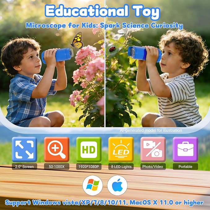 1000X Handheld Microscope for Kids: Pocket Digital Microscope with 1080P&2.0''IPS Screen&Photo/Video - Portable Edu Science Kits for Girls Boys - STEM Toys Birthday Gifts Ages 3-6 6-12(Blue)