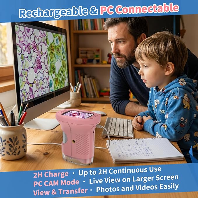 Kids Handheld Digital Microscope 1000X: Science Gift Kit STEM Toy Ages 5-13 | 8GB SD Card for Photo/video, Rechargeable, 2.4" Screen, 8 LEDs, Portable Magnifying Glass Pocket Miniscope for Girls Boys