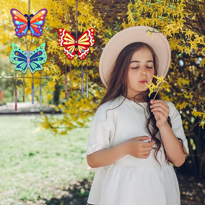 Fennoral 8 Pack Butterfly Wind Chime Kits for Kids | Make Your Own Butterfly Wooden Arts and Crafts DIY to Paint Butterfly Craft for Summer Art Activity Birthday Gift Decoration