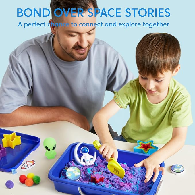 JOVA Klever Kits Outer Space Sensory Bin for Kids with Glow in The Dark Alien and Rocks, Sandbox with Lid Dual-Color Sand, Preschool Learning Activities Gifts for Boys Girls Age 3+