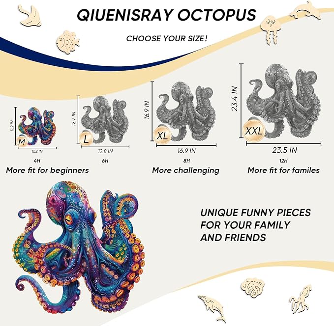 Qiuenisray Wooden Puzzles for Adults, Octopus Ocean Jigsaw Puzzle 200 Piece | Cool Wood Puzzle Wall Decor, FSC Certified Unique Animal Adult Puzzles Piece, Creative Gift for Family Game 11.2x11.2 in