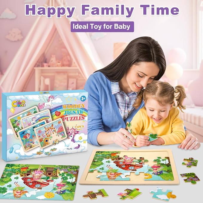 4-Pack Wooden Puzzles for Kids Ages 3-5, 24-Piece Princess Jigsaw Set | Toddler Puzzles Ages 3-5, Preschool Puzzles with Wooden Jigsaw Boards for Fine Motor Skills, Shape Recognition and Travel