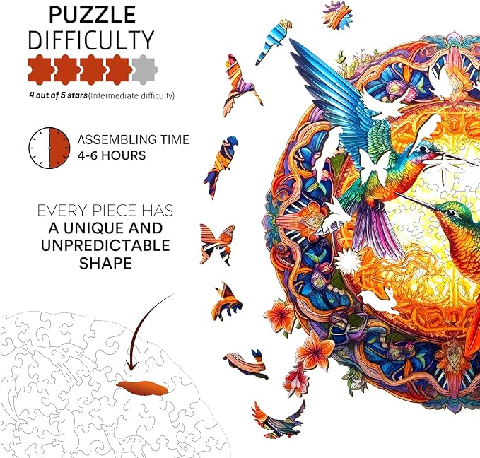 Jigfoxy Wooden Puzzles for Adults, Hummingbird Wooden Jigsaw Puzzles, Unique Animal Shape Puzzles, Christmas Thanksgiving Gifts for Family Friend(L-13.8 * 13.8in-300psc)