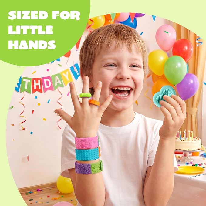 JOYIN 18 PCS Silicone Fidget Toys Set, Quiet Silicone Sensory Toys for Kids & Adults, Stress Relief Pack with Sensory Stones, Fidget Rings, Push Boards, Stretchy Strings & Textured Wristbands