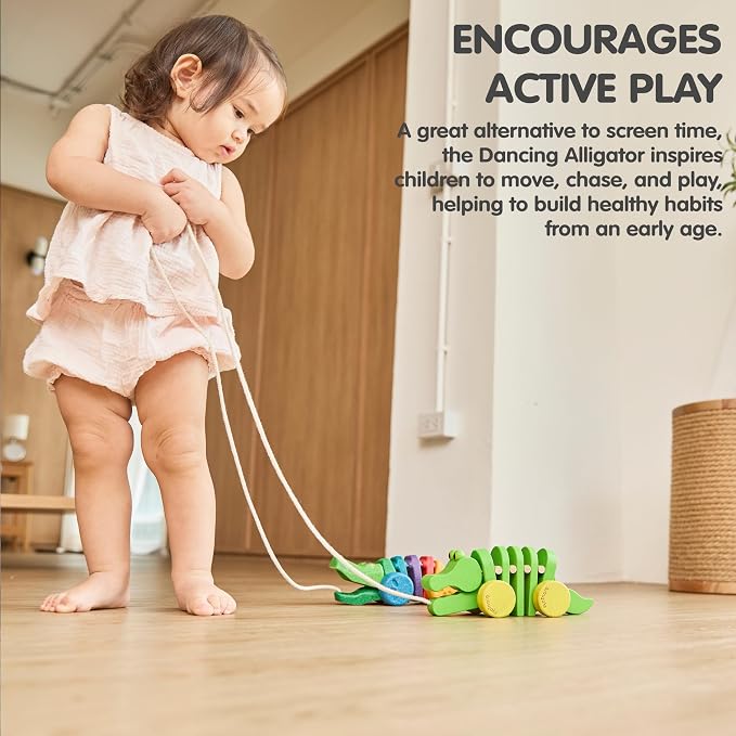 PlanToys® Dancing Alligator Pull Toy for Toddlers | Eco-Friendly Wood Toy with Click-Clack Sound | Walking Toy for Babies | sound motion, toddler pull toys, animal design, girls, boys, gross motor cause & effect early learning gift for kids idea