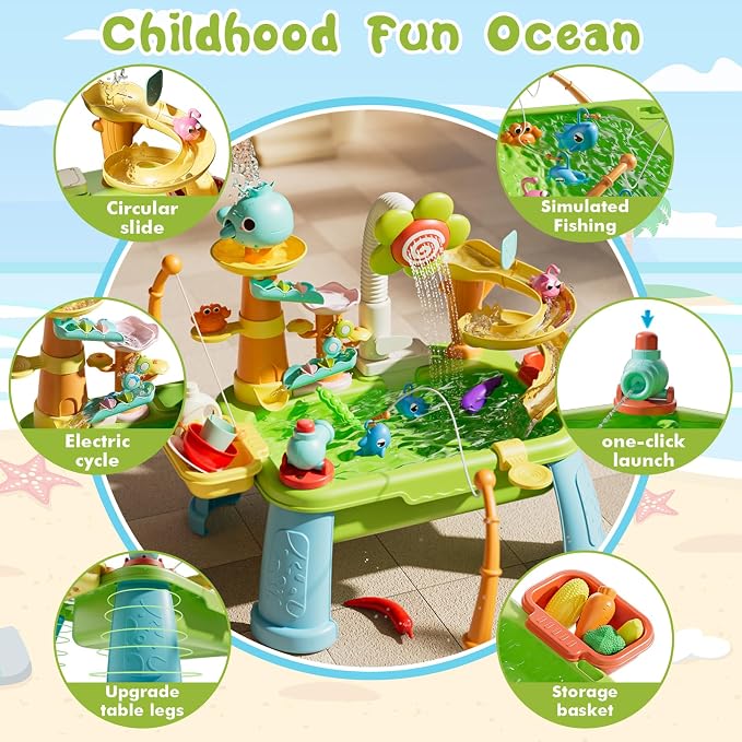 Upgraded 4-in-1 Sand Water Table for Toddlers 1-3, Kids Sensory Table with Electric Water Pump & Sun Flower Faucet, Play Kitchen Sink with Food Accessories, Fishing Toy ‒ Adjustable Height